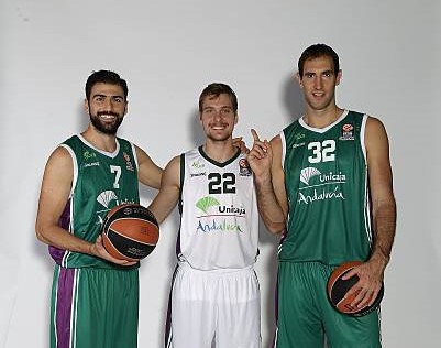 MALAGA, SPAIN - SEPTEMBER 22:  Kostas Vasileiadis, #7; Zoran Dragic, #22 and Vladimir Golubovic, #32 poses during the Unicaja Malaga 2014/2015 Turkish Airlines Euroleague Basketball Media Day at Martin Carpena Arena on September 22, 2014 in Malaga, Spain.  (Photo by Mariano Pozo/Euroleague Basketball via Getty Images)